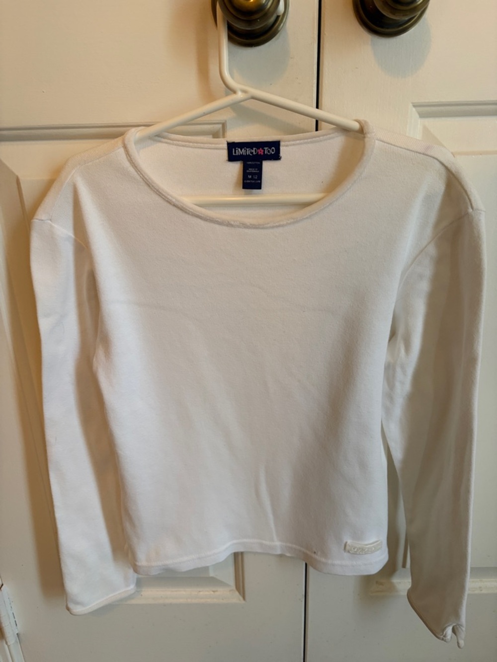 All White Cotton Round Neck Long Sleeve Top with Velvet Trim.